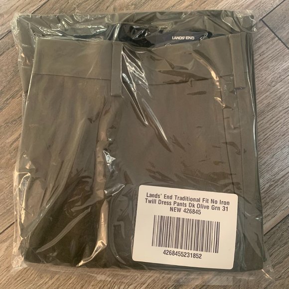 NWT LANDS' END TRADITIONAL FIT NO IRON TWILL DRESS PANTS DARK OLIVE GREEN 31 - Picture 5 of 9